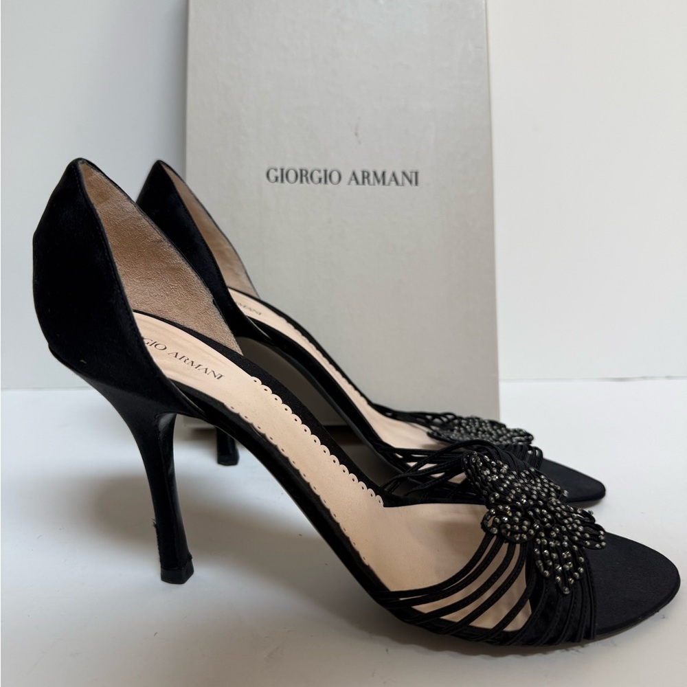 Authentic Giorgio Armani 39.5 US 9.5 stilettos sandals heel 3 3/4” crystals silk